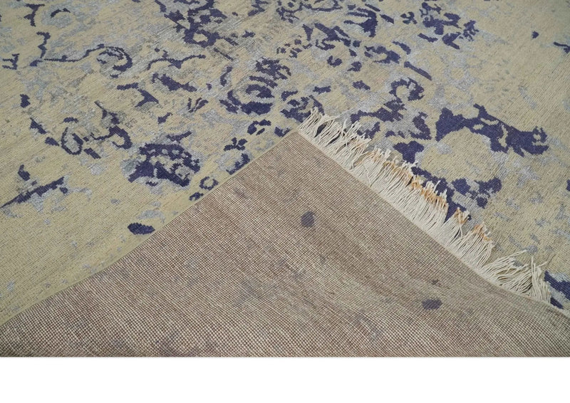 8x10 Beige, Blue and Silver Antique Style, Abstract Hand Knotted Low pile Wool Area Rug by The Rug Decor