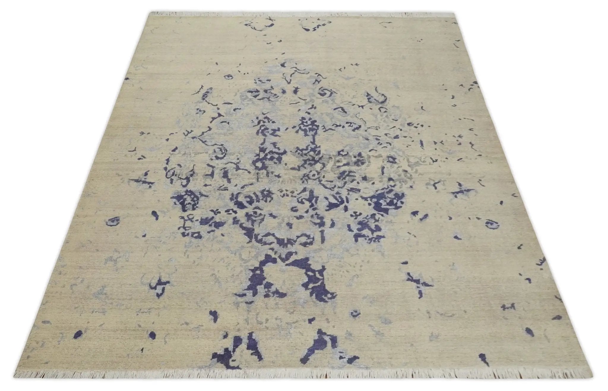 8x10 Beige, Blue and Silver Antique Style, Abstract Hand Knotted Low pile Wool Area Rug by The Rug Decor