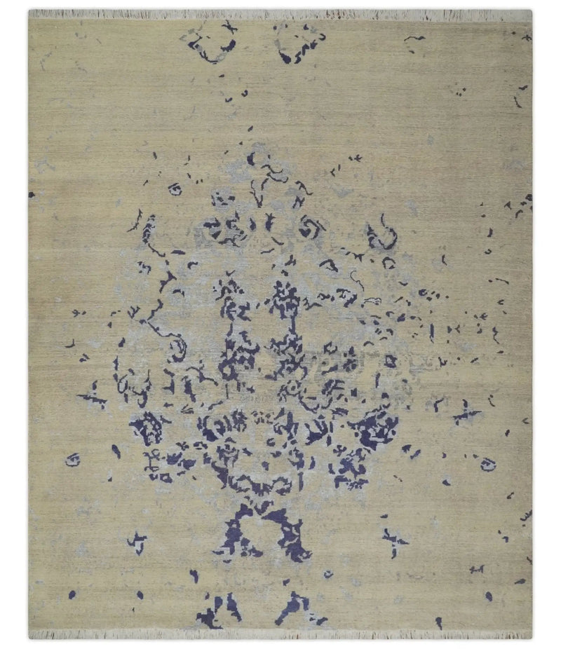 8x10 Beige, Blue and Silver Antique Style, Abstract Hand Knotted Low pile Wool Area Rug by The Rug Decor