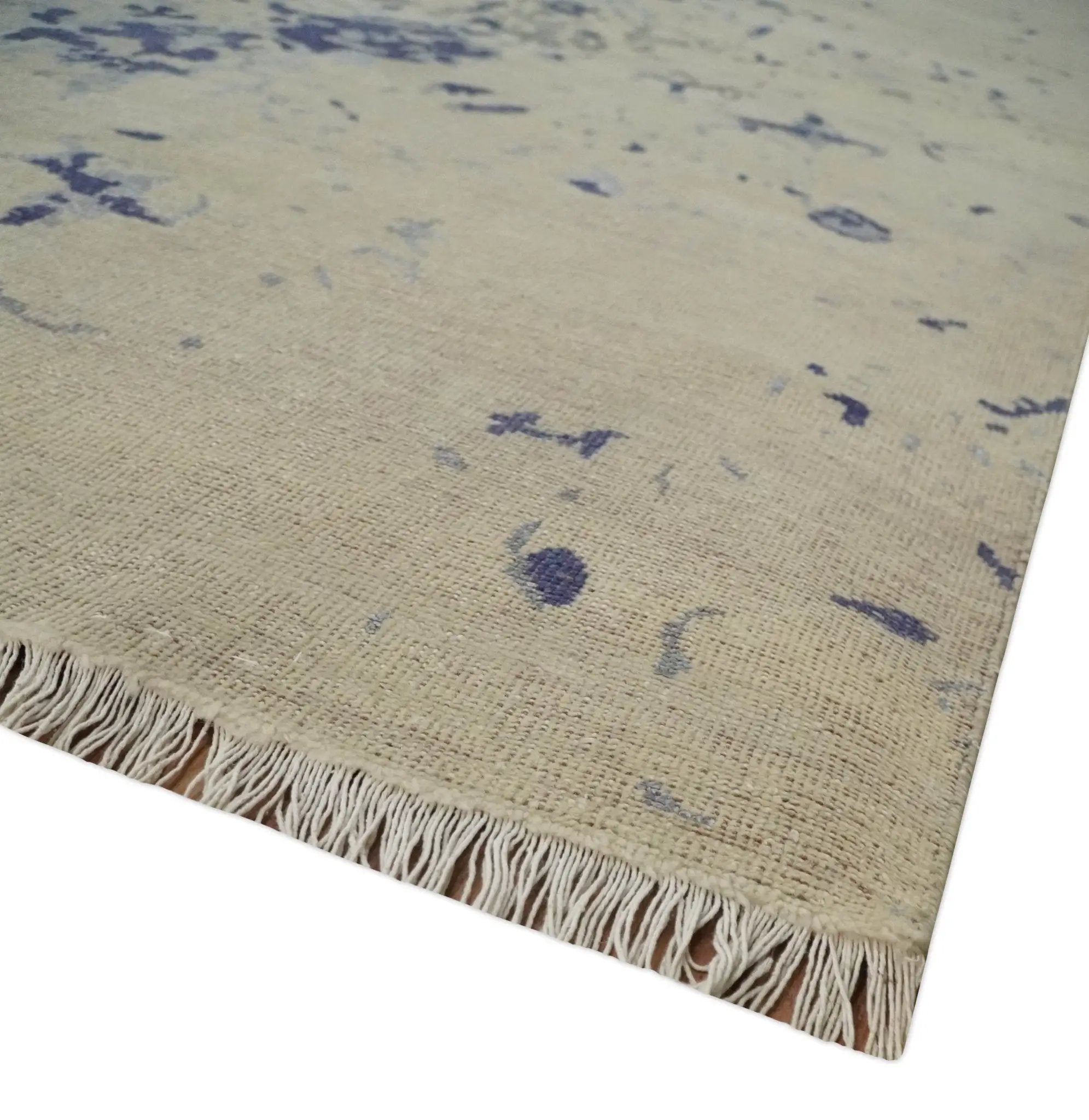 8x10 Beige, Blue and Silver Antique Style, Abstract Hand Knotted Low pile Wool Area Rug by The Rug Decor