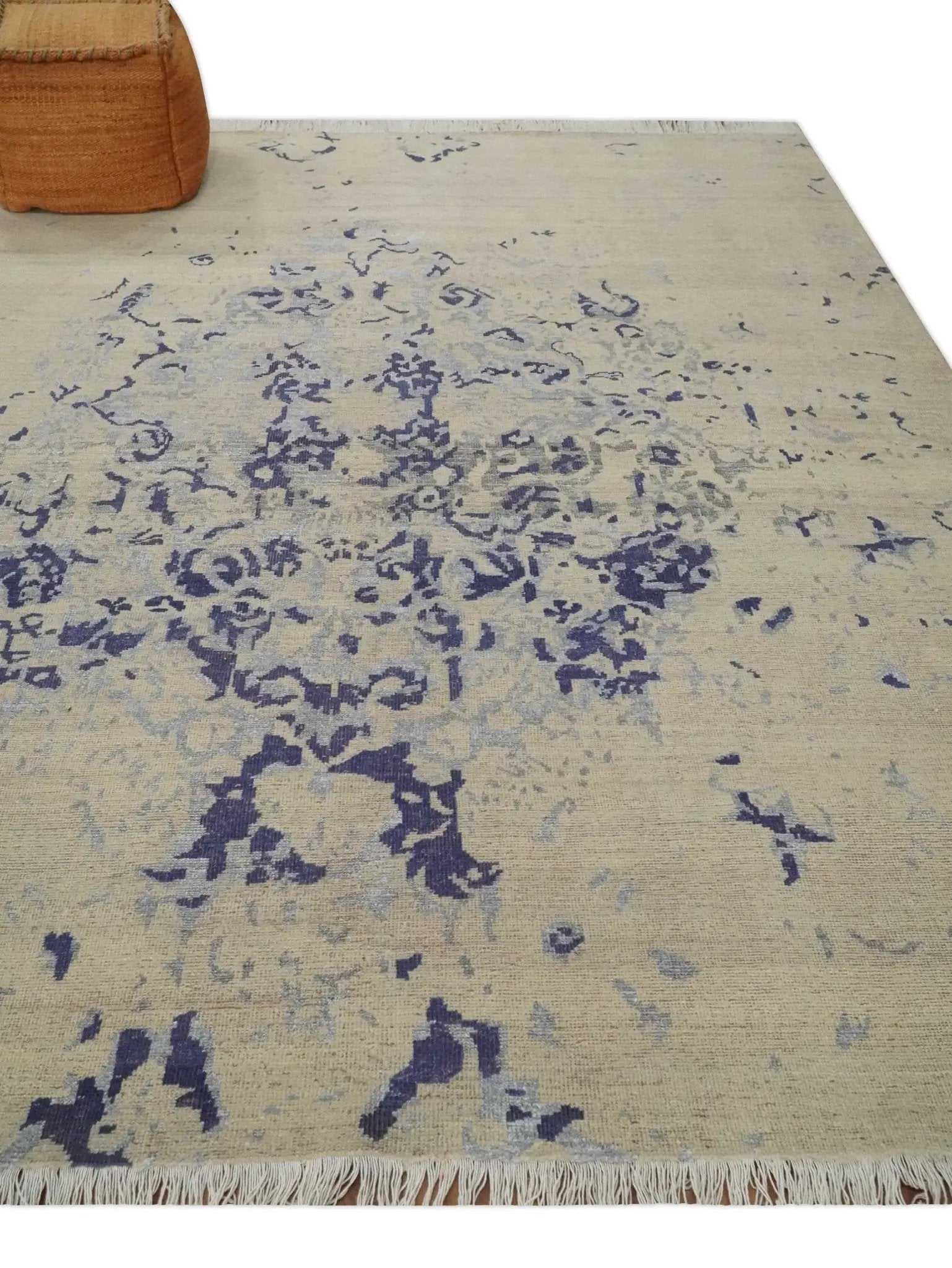 8x10 Beige, Blue and Silver Antique Style, Abstract Hand Knotted Low pile Wool Area Rug by The Rug Decor