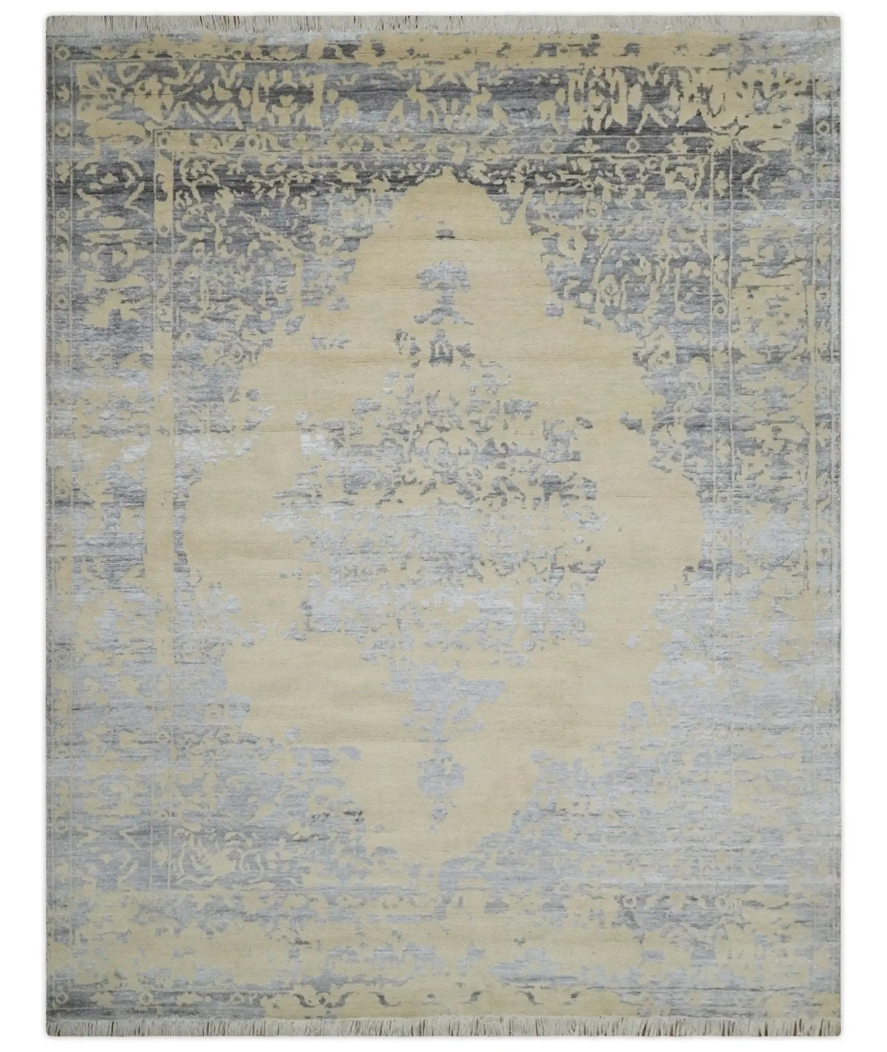 8x10 Beige, Charcoal and Silver Traditional Medallion Hand Knotted Wool and Bamboo Silk Area Rug by The Rug Decor