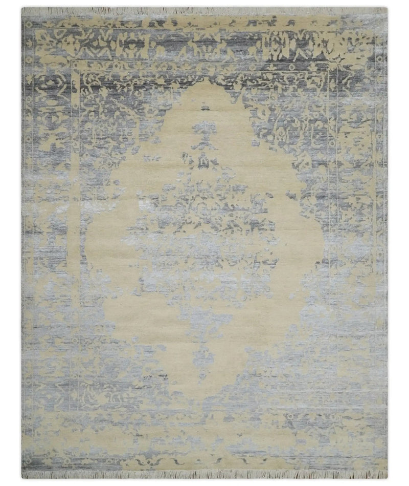 8x10 Beige, Charcoal and Silver Traditional Medallion Hand Knotted Wool and Bamboo Silk Area Rug by The Rug Decor