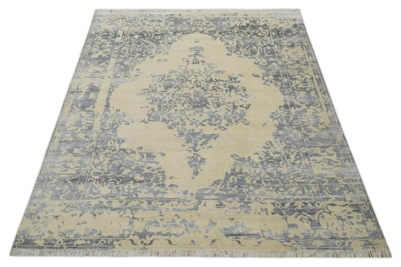 8x10 Beige, Charcoal and Silver Traditional Medallion Hand Knotted Wool and Bamboo Silk Area Rug by The Rug Decor