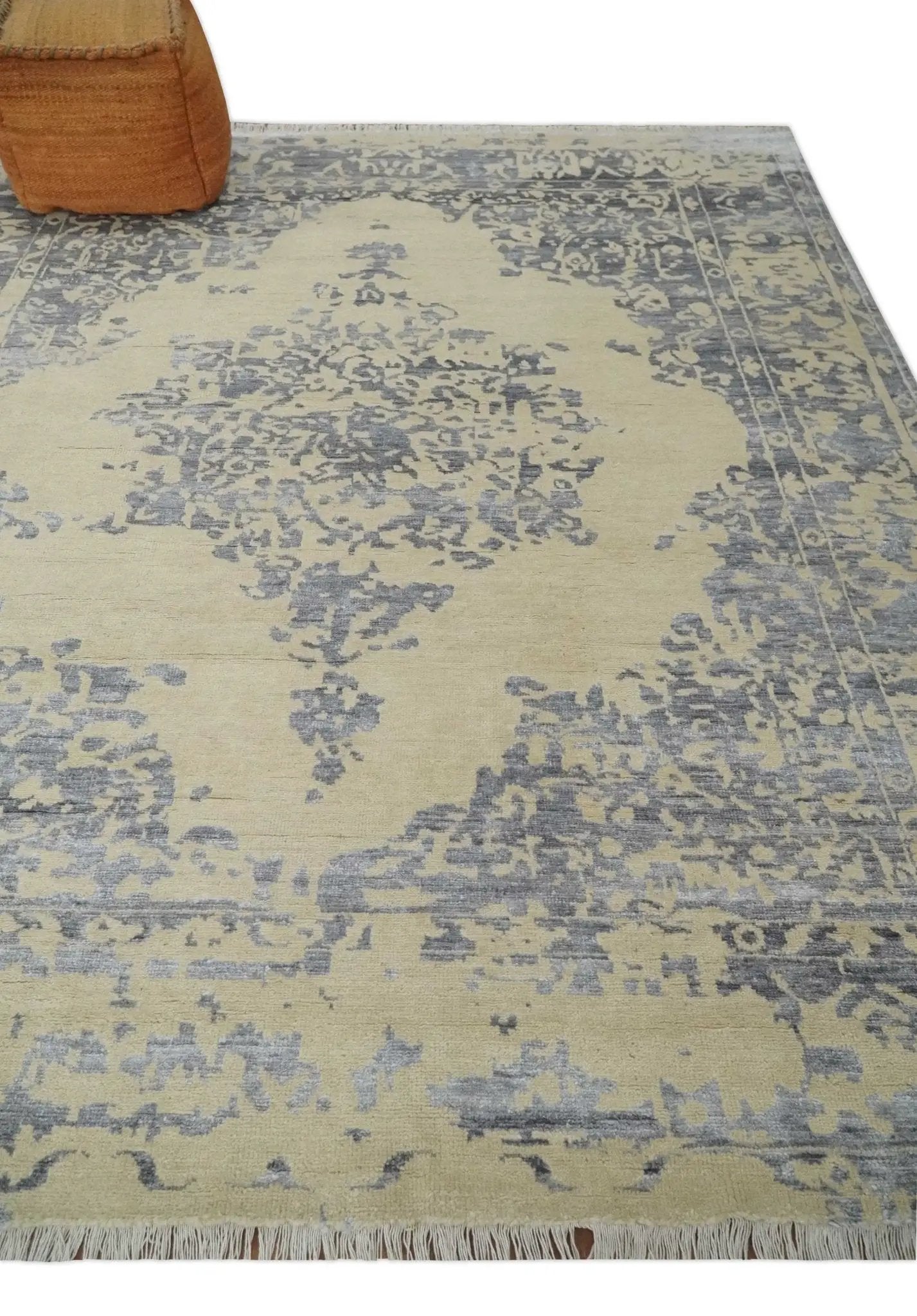 8x10 Beige, Charcoal and Silver Traditional Medallion Hand Knotted Wool and Bamboo Silk Area Rug by The Rug Decor