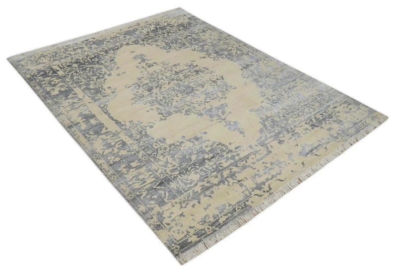 8x10 Beige, Charcoal and Silver Traditional Medallion Hand Knotted Wool and Bamboo Silk Area Rug by The Rug Decor