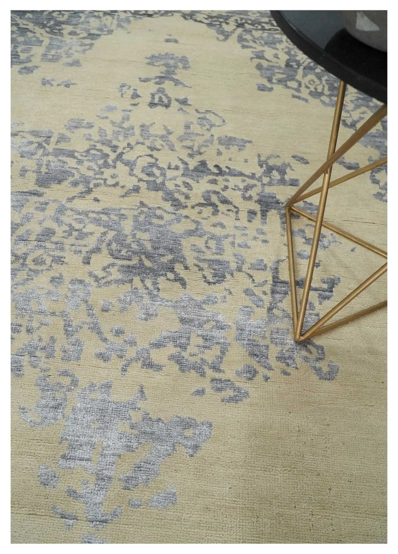 8x10 Beige, Charcoal and Silver Traditional Medallion Hand Knotted Wool and Bamboo Silk Area Rug by The Rug Decor