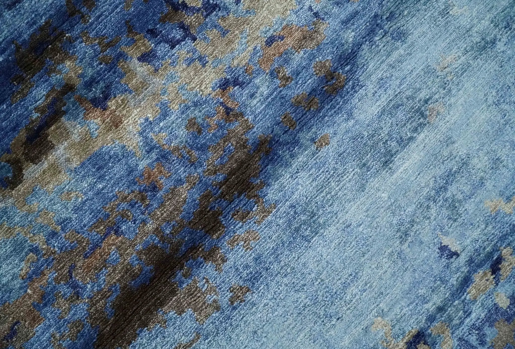 8x10 Blue, Beige and Brown Modern Abstract Hand Knotted wool and bamboo Silk Area Rug by The Rug Decor