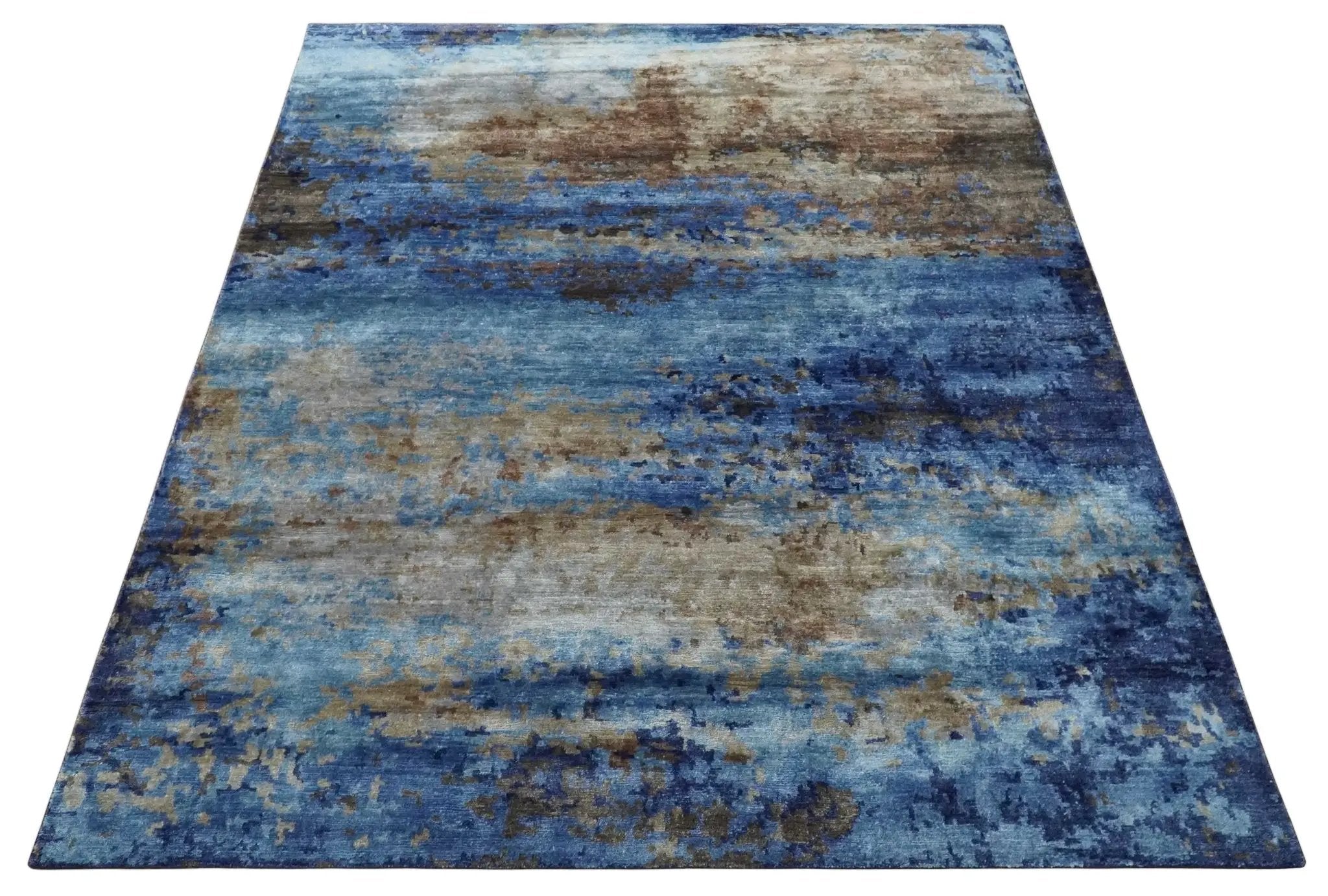 8x10 Blue, Beige and Brown Modern Abstract Hand Knotted wool and bamboo Silk Area Rug by The Rug Decor