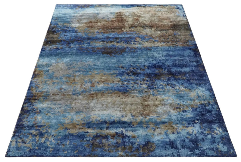 8x10 Blue, Beige and Brown Modern Abstract Hand Knotted wool and bamboo Silk Area Rug by The Rug Decor