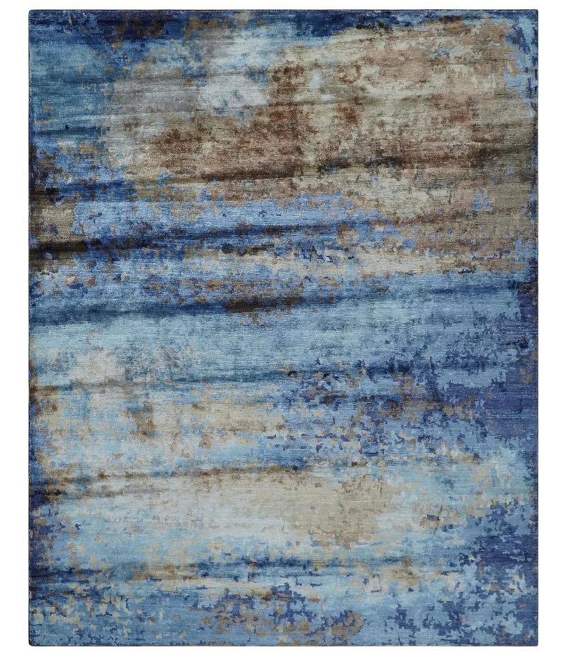 8x10 Blue, Beige and Brown Modern Abstract Hand Knotted wool and bamboo Silk Area Rug by The Rug Decor
