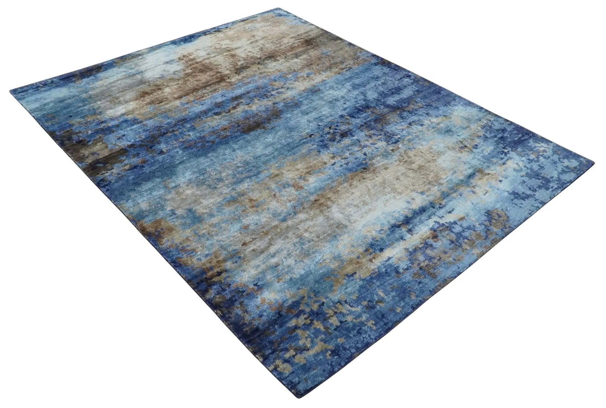 8x10 Blue, Beige and Brown Modern Abstract Hand Knotted wool and bamboo Silk Area Rug by The Rug Decor