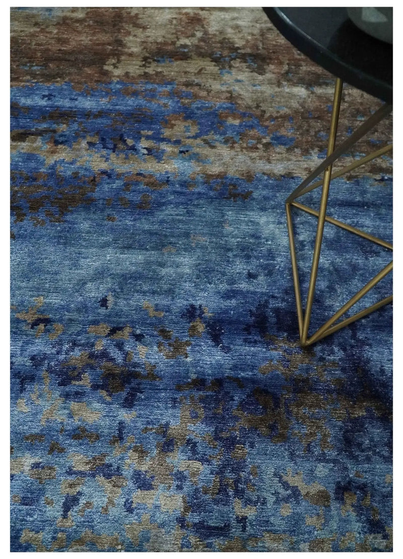 8x10 Blue, Beige and Brown Modern Abstract Hand Knotted wool and bamboo Silk Area Rug by The Rug Decor
