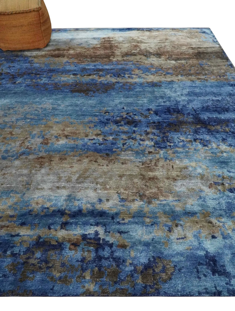 8x10 Blue, Beige and Brown Modern Abstract Hand Knotted wool and bamboo Silk Area Rug by The Rug Decor