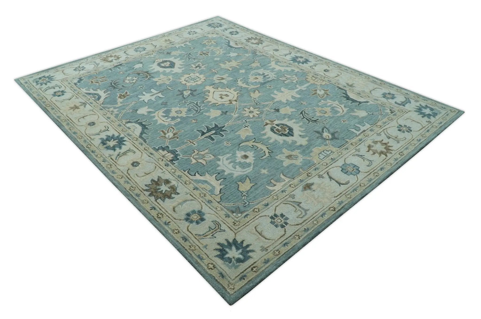 8x10 Blue, Ivory and Beige Hand Tufted Oriental Oushak wool area rug by The Rug Decor