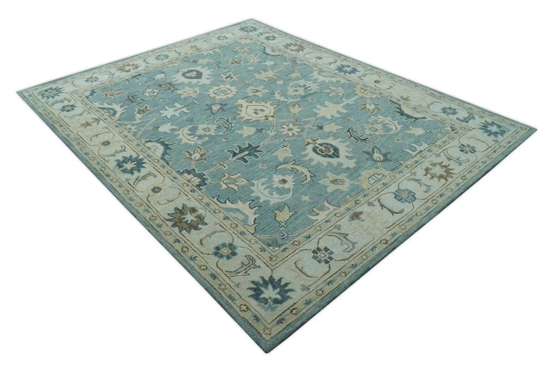 8x10 Blue, Ivory and Beige Hand Tufted Oriental Oushak wool area rug by The Rug Decor