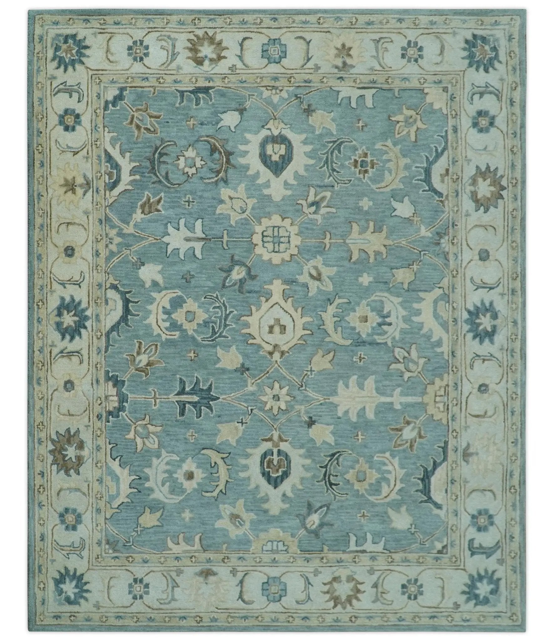 8x10 Blue, Ivory and Beige Hand Tufted Oriental Oushak wool area rug by The Rug Decor