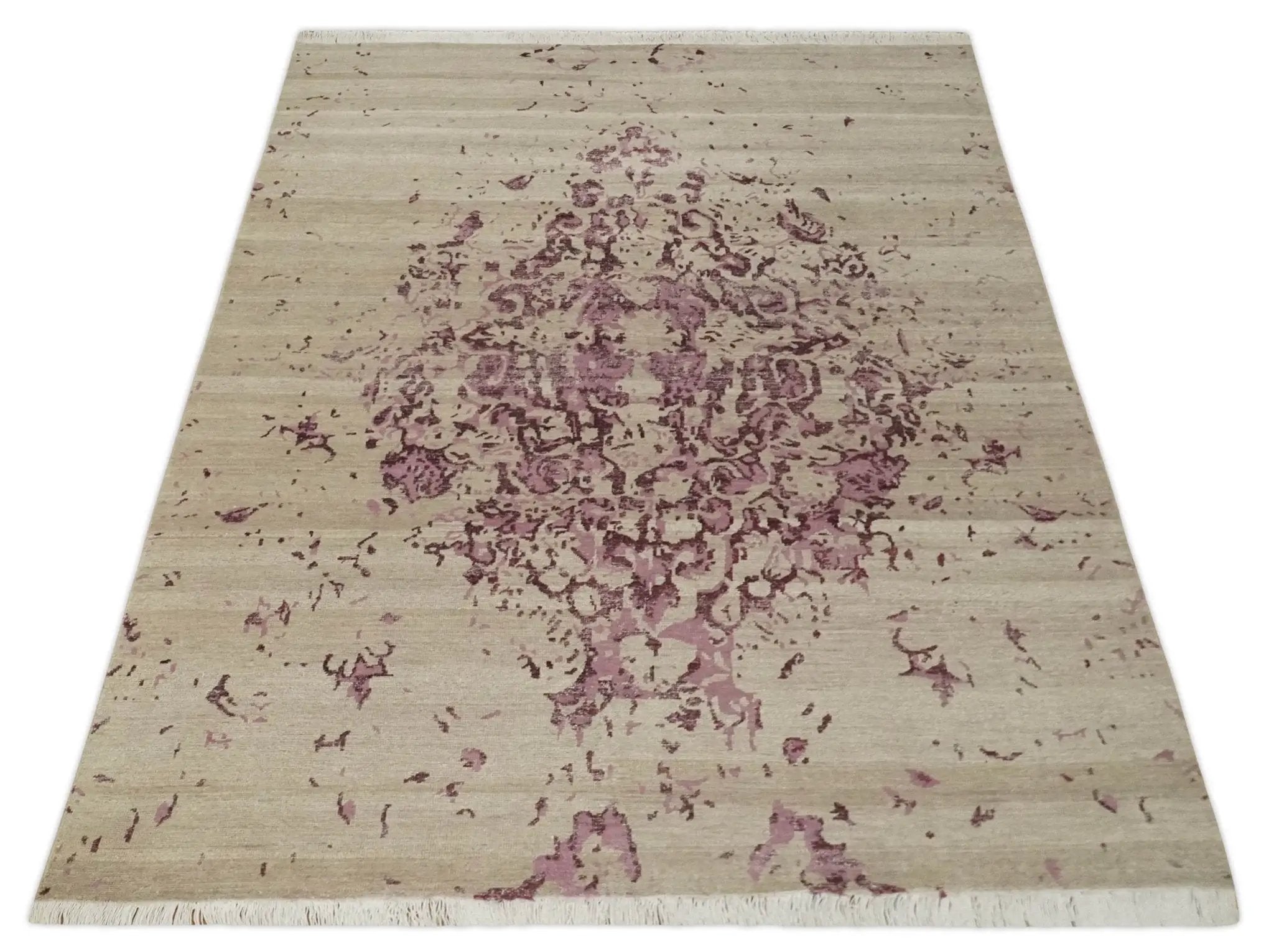 8x10 Camel and Purple Antique Style, Abstract Hand Knotted Low pile Wool Area Rug by The Rug Decor