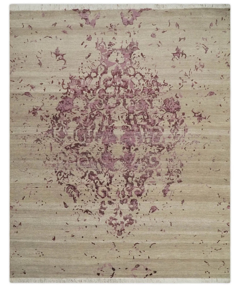 8x10 Camel and Purple Antique Style, Abstract Hand Knotted Low pile Wool Area Rug by The Rug Decor