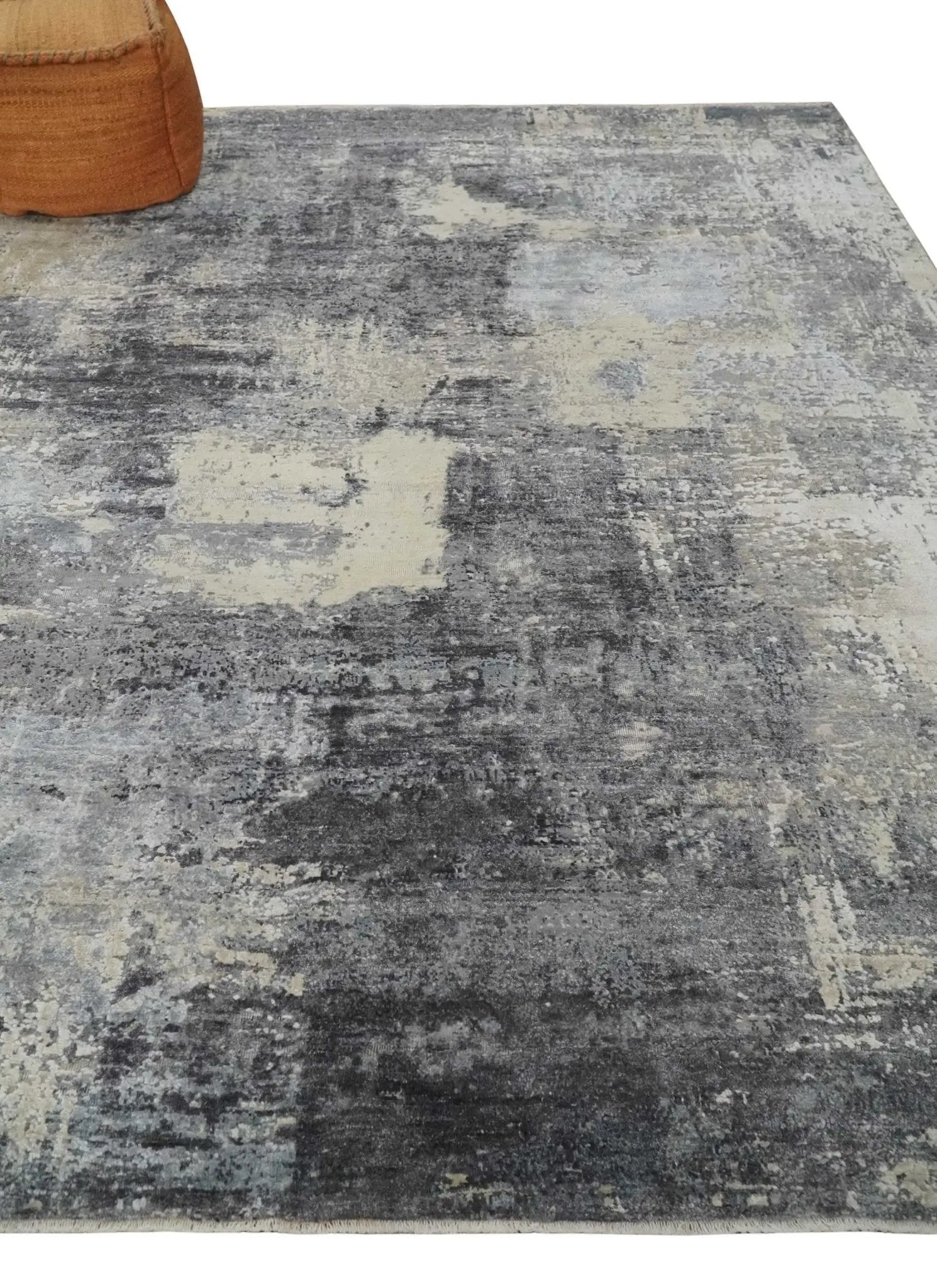 8x10 Charcoal, Beige and Gray Modern Abstract Distressed Finish High Low texture Hand Knotted Rug by The Rug Decor
