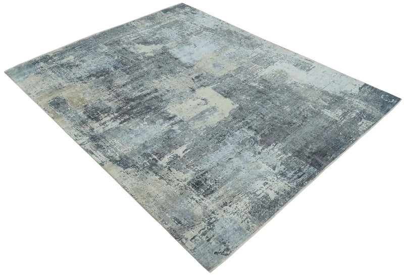 8x10 Charcoal, Beige and Gray Modern Abstract Distressed Finish High Low texture Hand Knotted Rug by The Rug Decor
