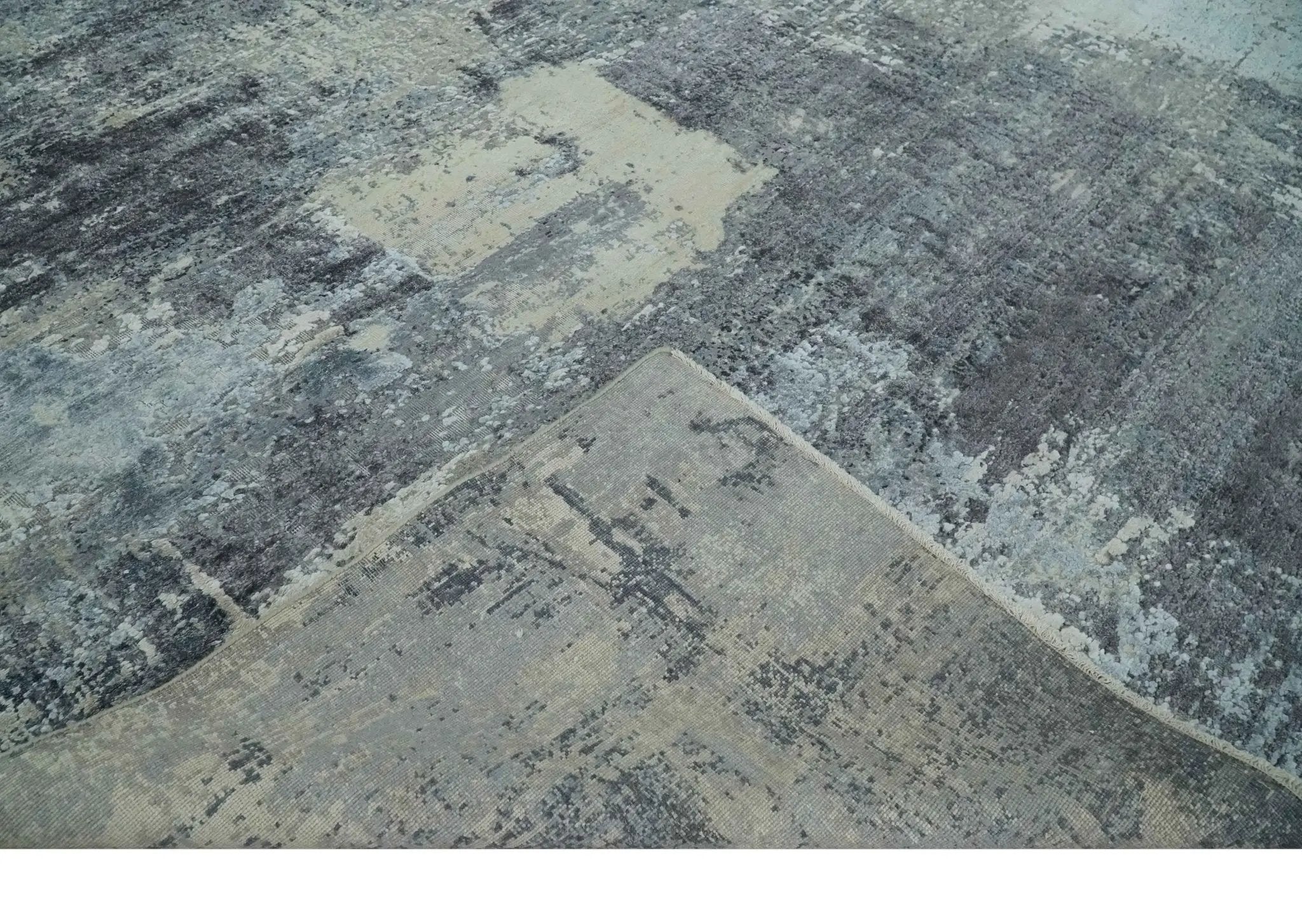 8x10 Charcoal, Beige and Gray Modern Abstract Distressed Finish High Low texture Hand Knotted Rug by The Rug Decor