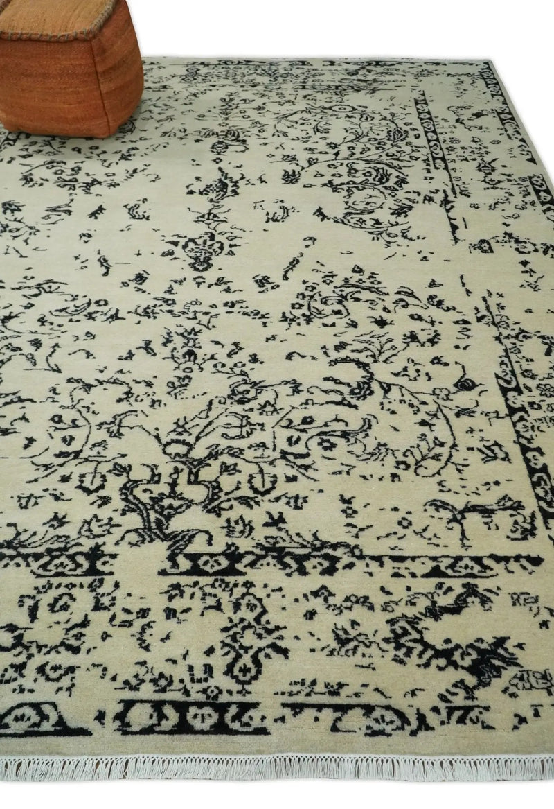8x10 Fine Hand Knotted Beige and Black Traditional Vintage Persian Antique Wool Rug by The Rug Decor