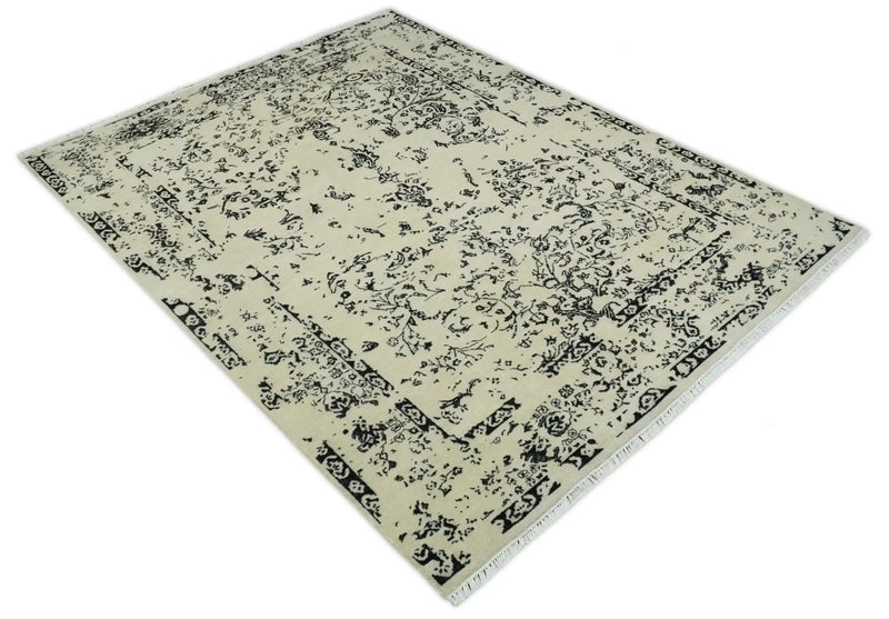 8x10 Fine Hand Knotted Beige and Black Traditional Vintage Persian Antique Wool Rug by The Rug Decor