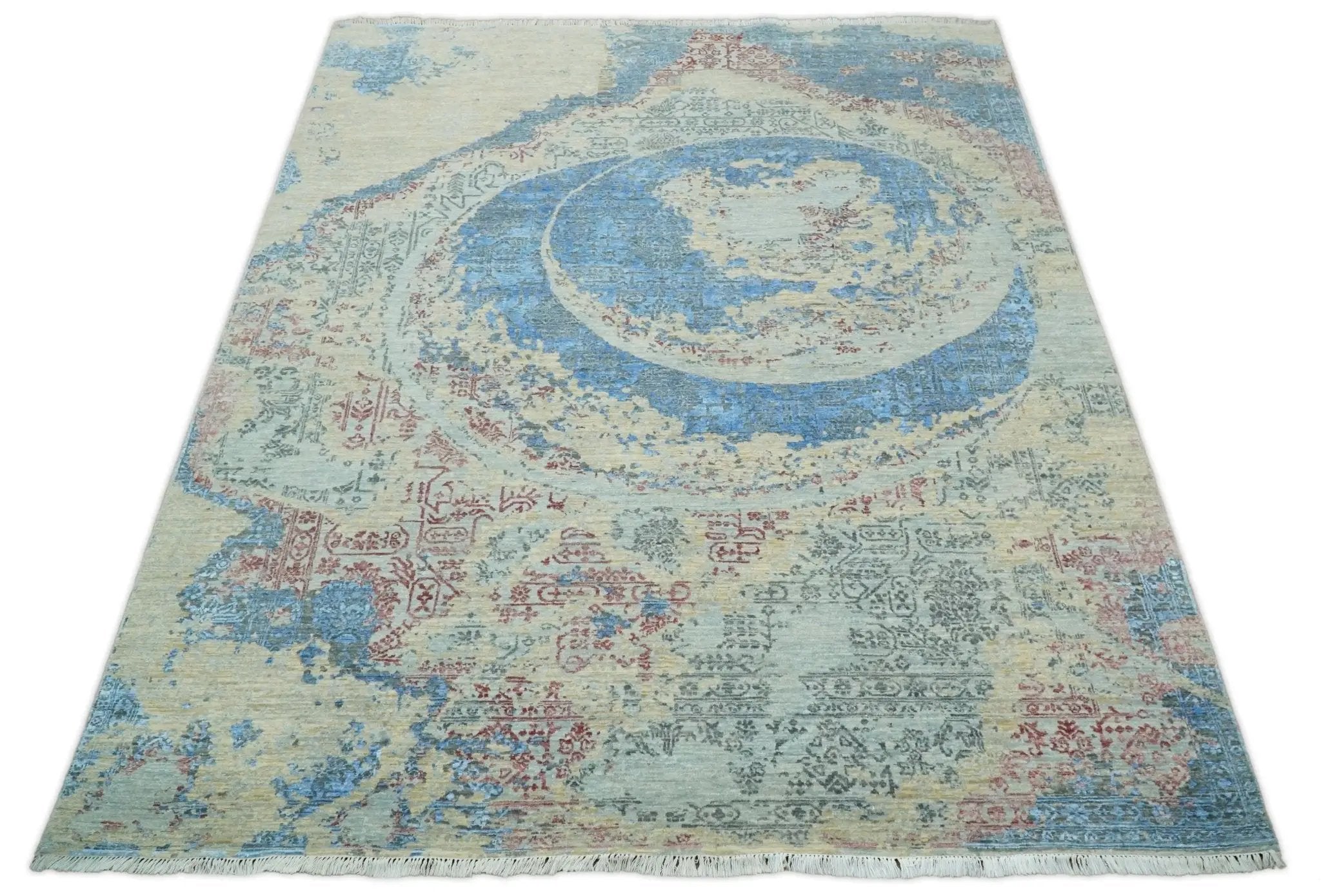 8x10 Fine Hand Knotted Beige and Blue Modern Abstract Style Wool and Silk Area Rug by The Rug Decor