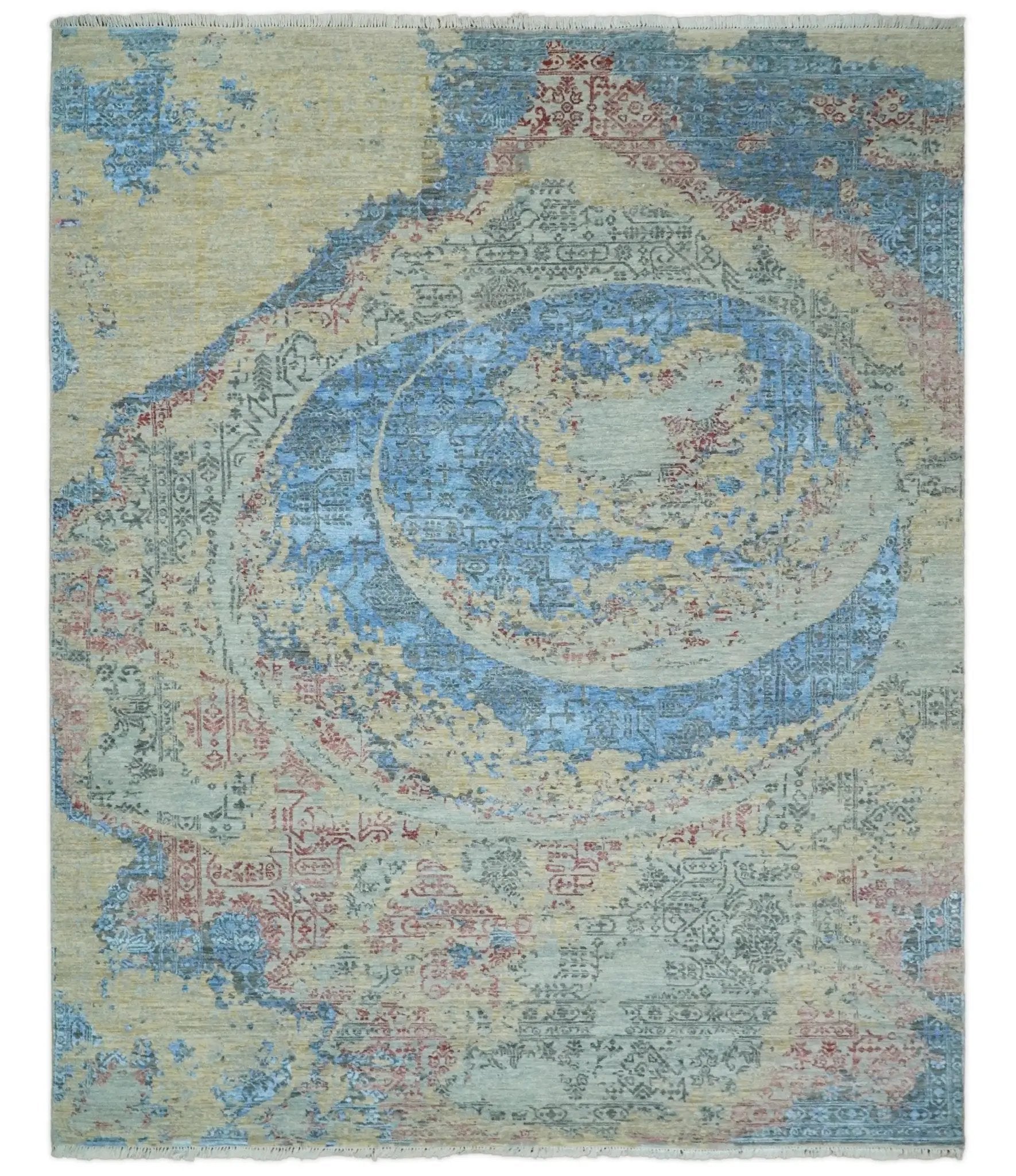 8x10 Fine Hand Knotted Beige and Blue Modern Abstract Style Wool and Silk Area Rug by The Rug Decor