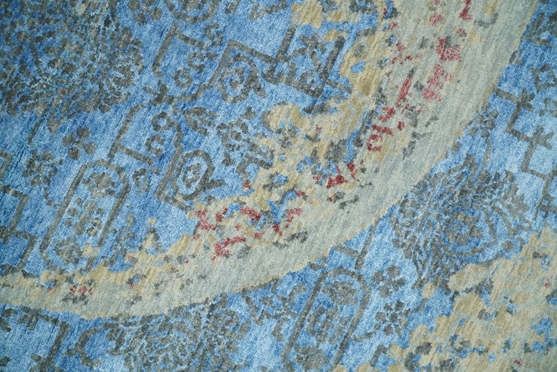 8x10 Fine Hand Knotted Beige and Blue Modern Abstract Style Wool and Silk Area Rug by The Rug Decor