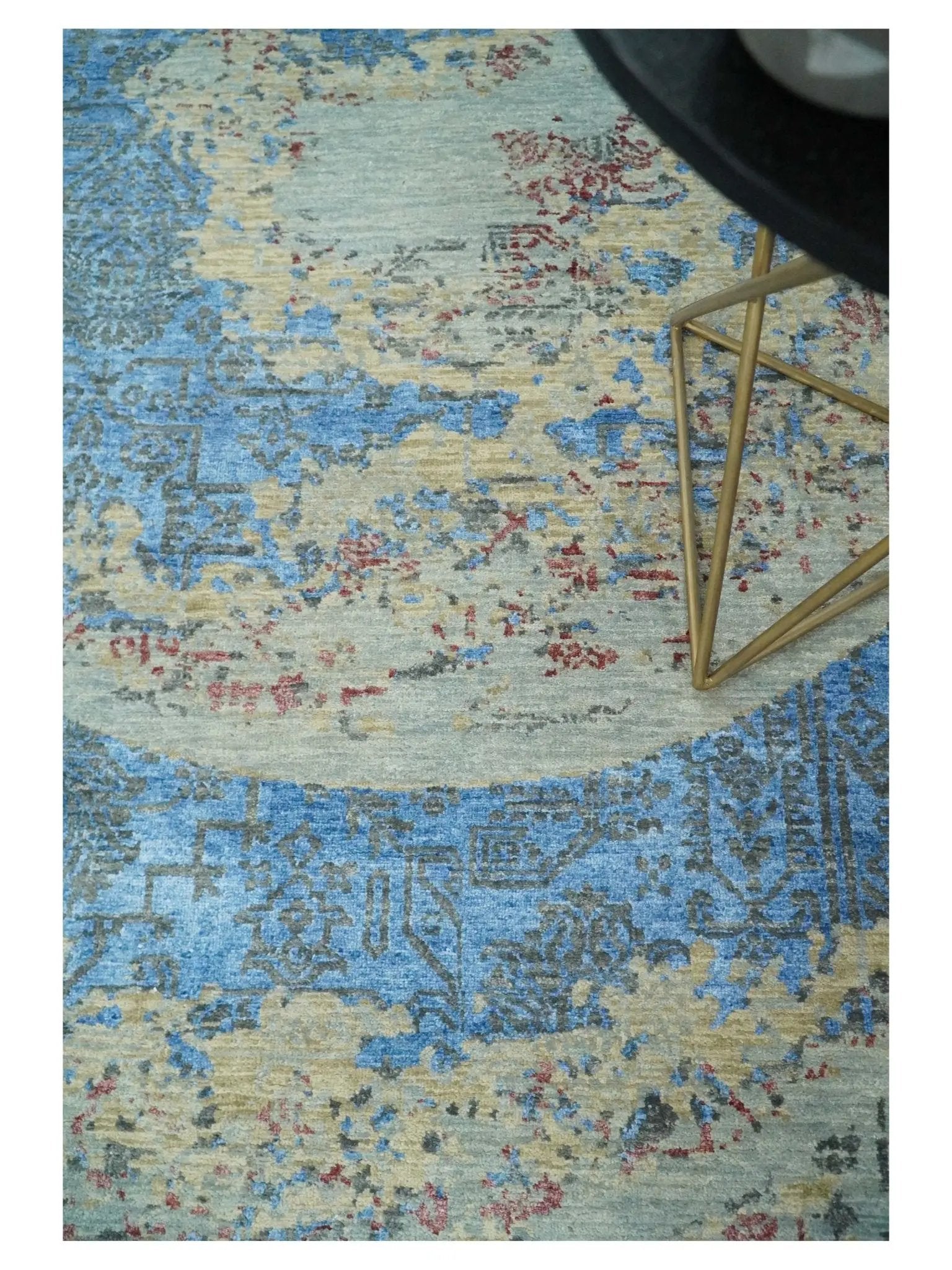 8x10 Fine Hand Knotted Beige and Blue Modern Abstract Style Wool and Silk Area Rug by The Rug Decor