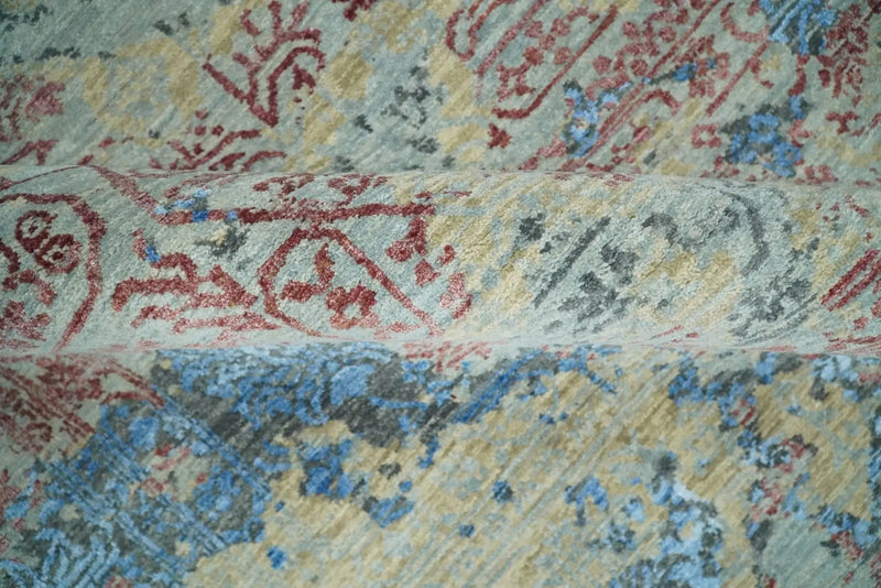 8x10 Fine Hand Knotted Beige and Blue Modern Abstract Style Wool and Silk Area Rug by The Rug Decor
