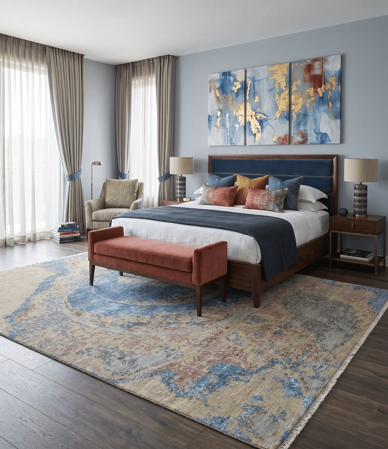 8x10 Fine Hand Knotted Beige and Blue Modern Abstract Style Wool and Silk Area Rug by The Rug Decor