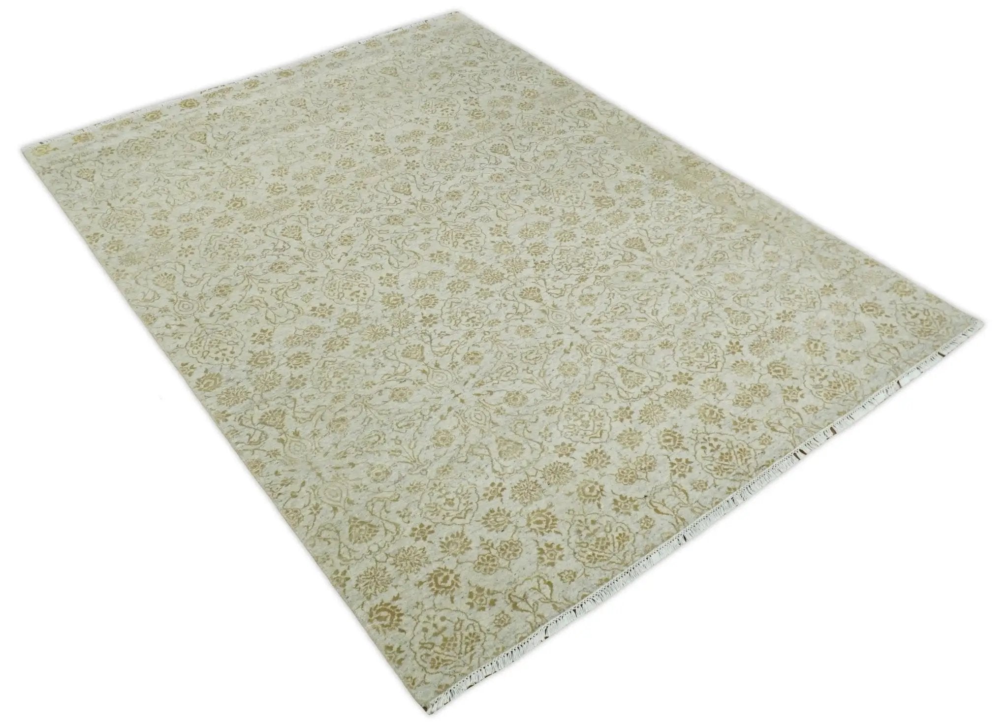 8x10 Fine Hand Knotted Beige and Gold Traditional Vintage Persian Style Antique Silk Rug by The Rug Decor