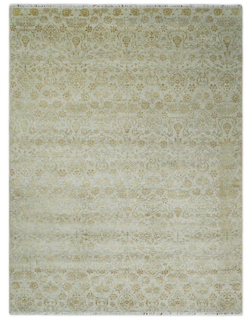 8x10 Fine Hand Knotted Beige and Gold Traditional Vintage Persian Style Antique Silk Rug by The Rug Decor