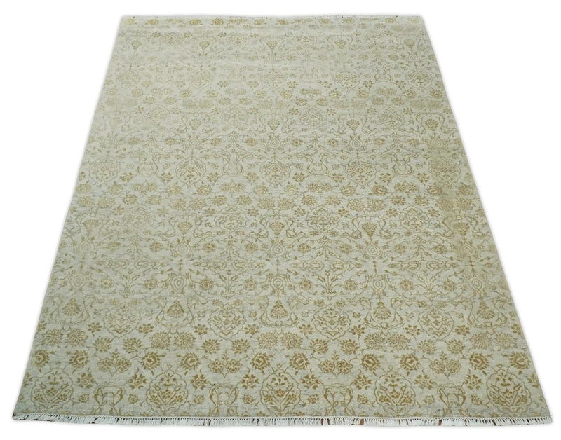 8x10 Fine Hand Knotted Beige and Gold Traditional Vintage Persian Style Antique Silk Rug by The Rug Decor