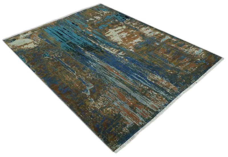 8x10 Fine Hand Knotted Blue and Brown Modern Abstract Wool Area Rug by The Rug Decor