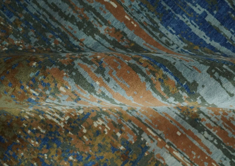 8x10 Fine Hand Knotted Blue and Brown Modern Abstract Wool Area Rug by The Rug Decor