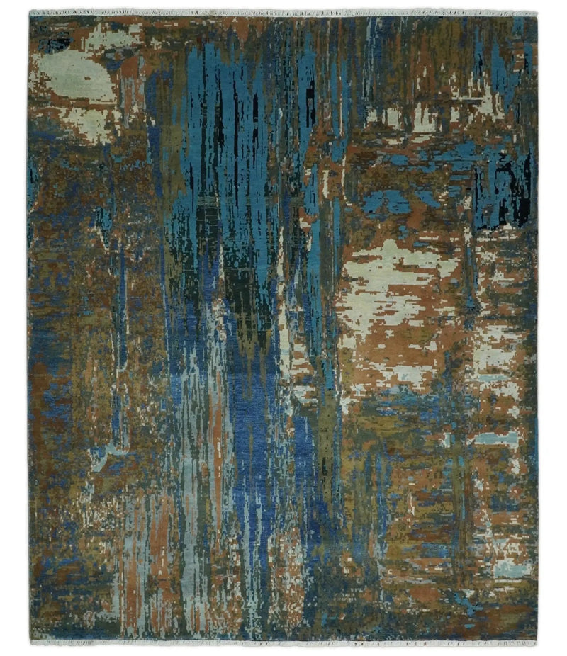 8x10 Fine Hand Knotted Blue and Brown Modern Abstract Wool Area Rug by The Rug Decor