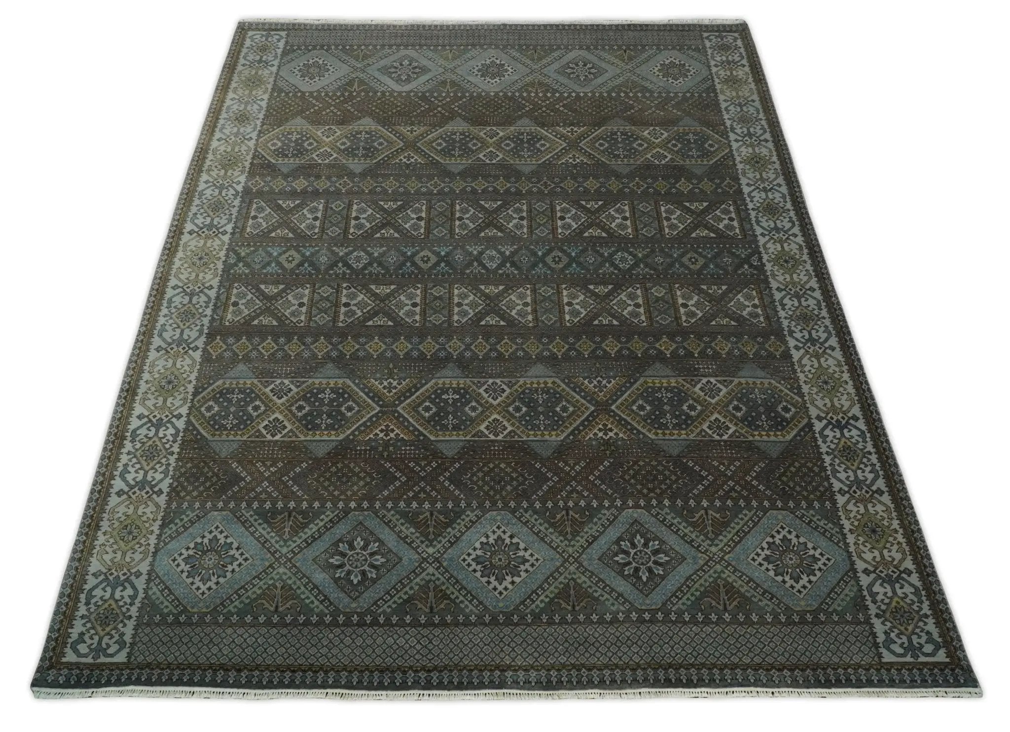 8x10 Fine Hand Knotted Brown and Blue Southwestern Traditional Antique Area Rug by The Rug Decor