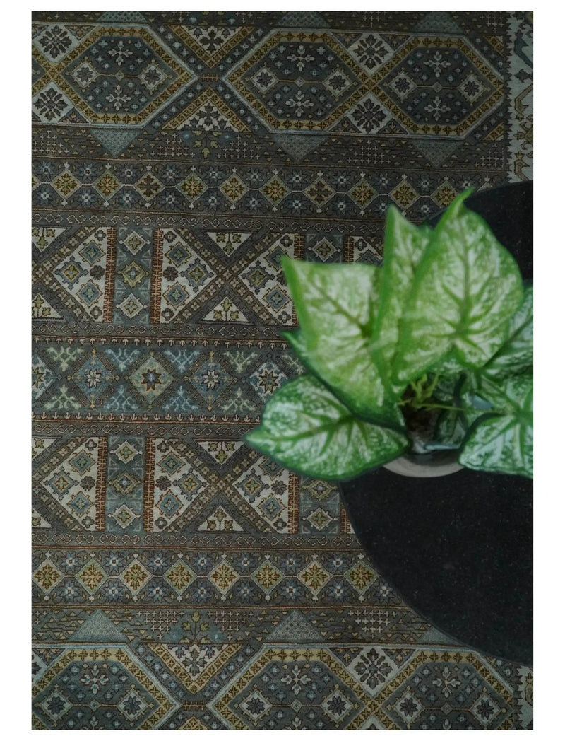 8x10 Fine Hand Knotted Brown and Blue Southwestern Traditional Antique Area Rug by The Rug Decor