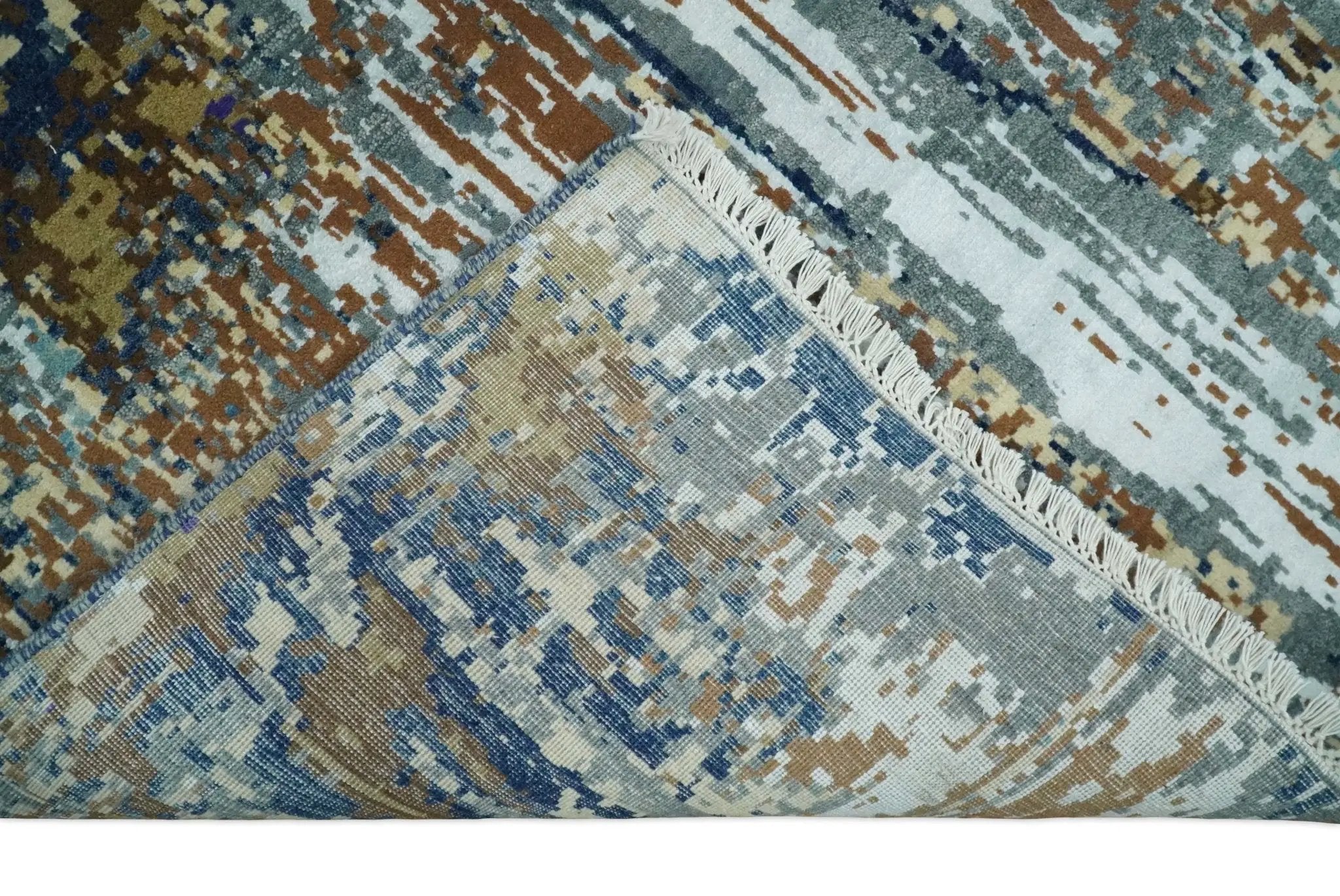 8x10 Fine Hand Knotted Blue And Brown Modern Abstract Wool and Bamboo Silk Area Rug by The Rug Decor
