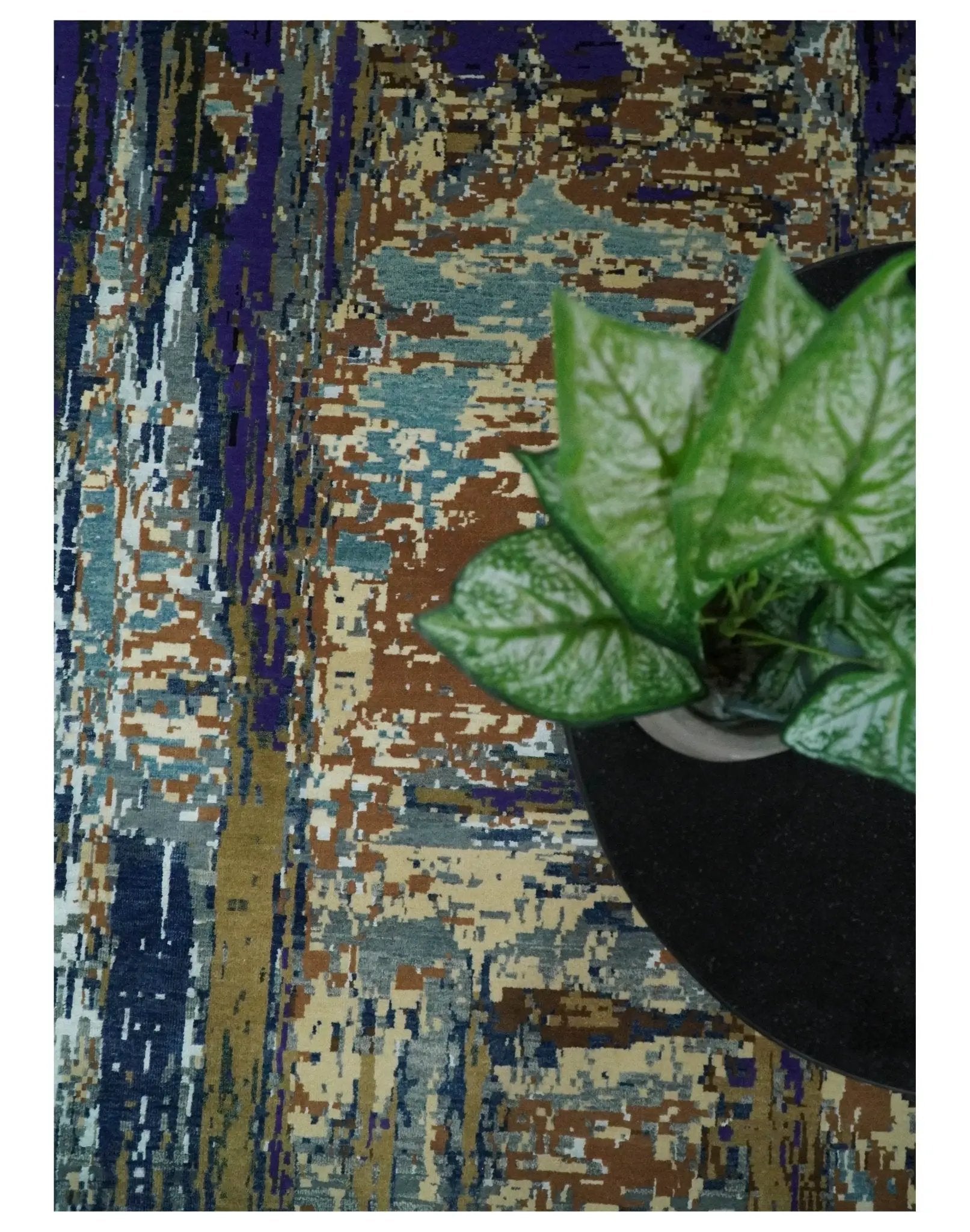 8x10 Fine Hand Knotted Blue And Brown Modern Abstract Wool and Bamboo Silk Area Rug by The Rug Decor