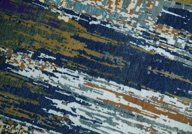 8x10 Fine Hand Knotted Blue And Brown Modern Abstract Wool and Bamboo Silk Area Rug by The Rug Decor