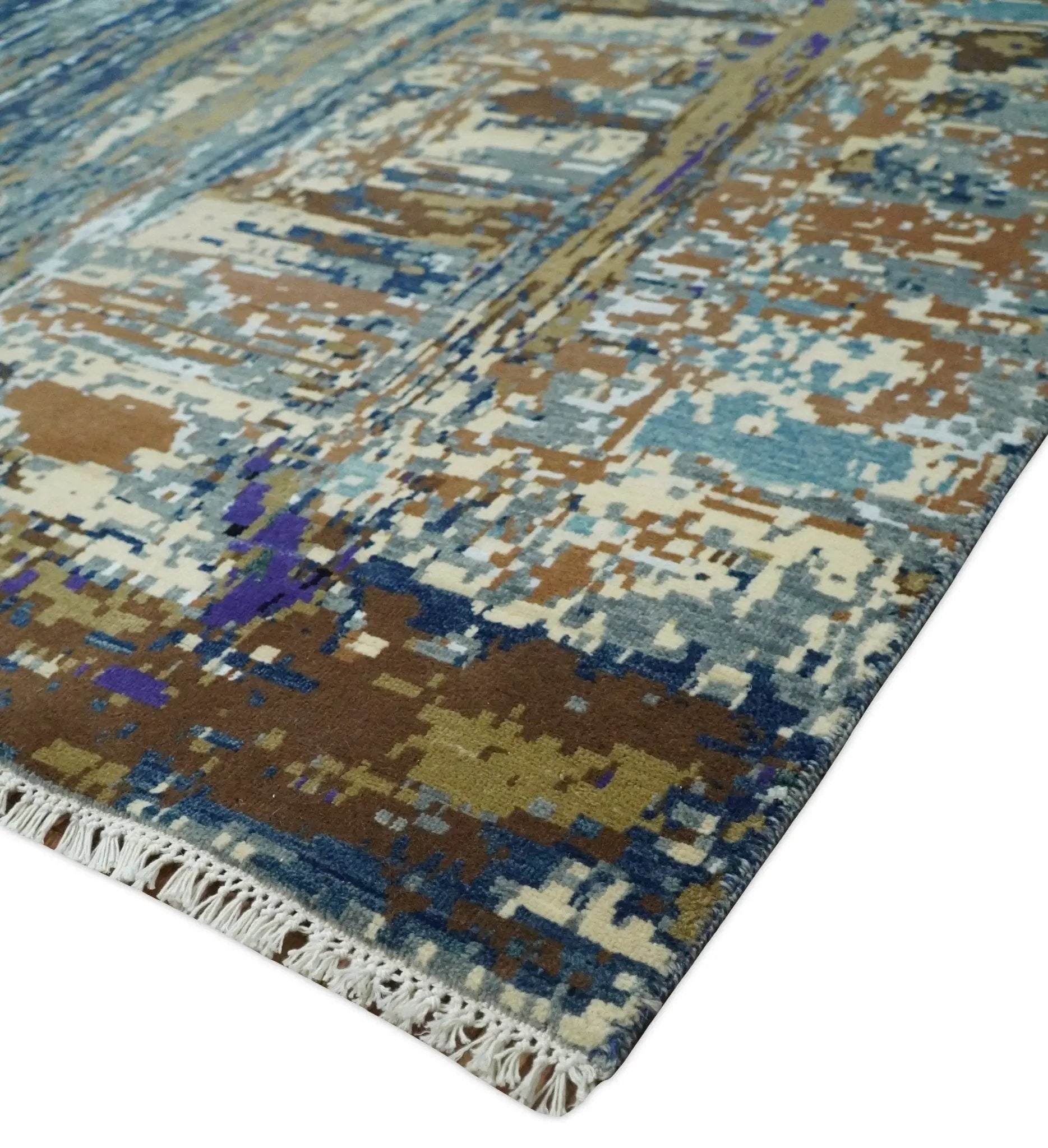 8x10 Fine Hand Knotted Blue And Brown Modern Abstract Wool and Bamboo Silk Area Rug by The Rug Decor