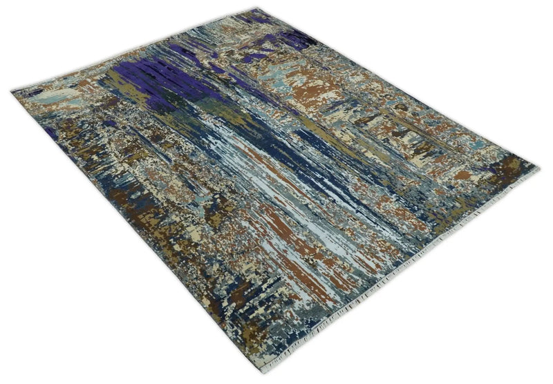 8x10 Fine Hand Knotted Blue And Brown Modern Abstract Wool and Bamboo Silk Area Rug by The Rug Decor