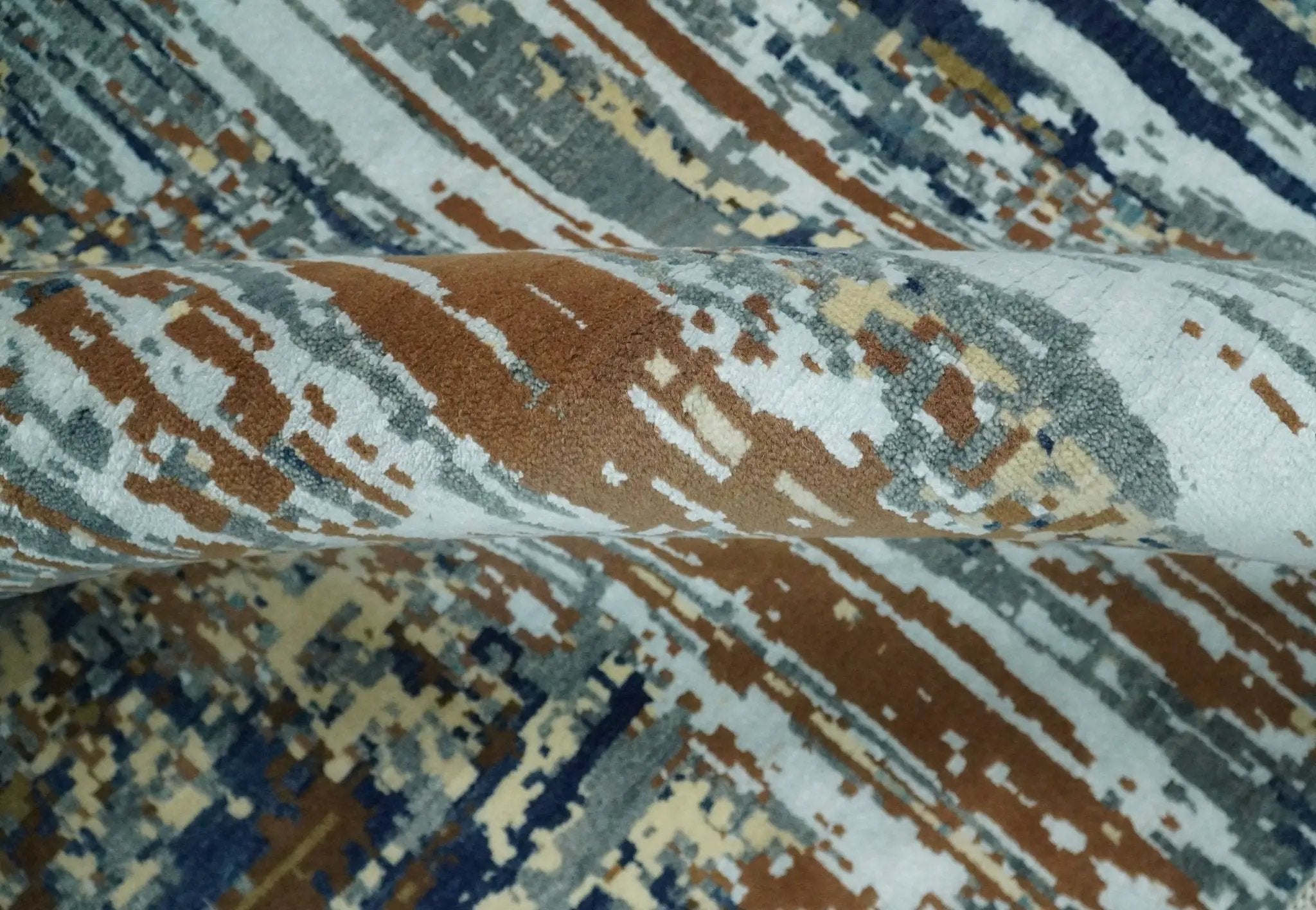 8x10 Fine Hand Knotted Blue And Brown Modern Abstract Wool and Bamboo Silk Area Rug by The Rug Decor