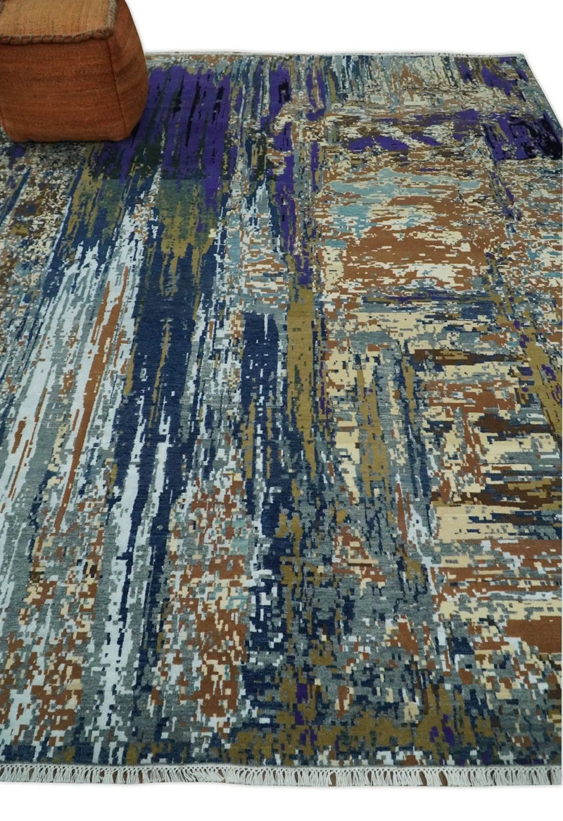 8x10 Fine Hand Knotted Blue And Brown Modern Abstract Wool and Bamboo Silk Area Rug by The Rug Decor