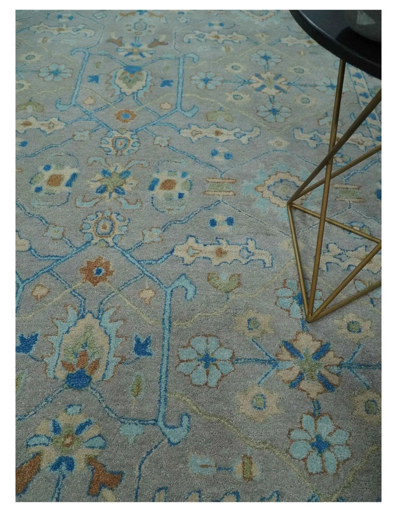 8x10 Hand Tufted Gray, Beige and Accent Blue Traditional Herati Design Wool Rug by The Rug Decor